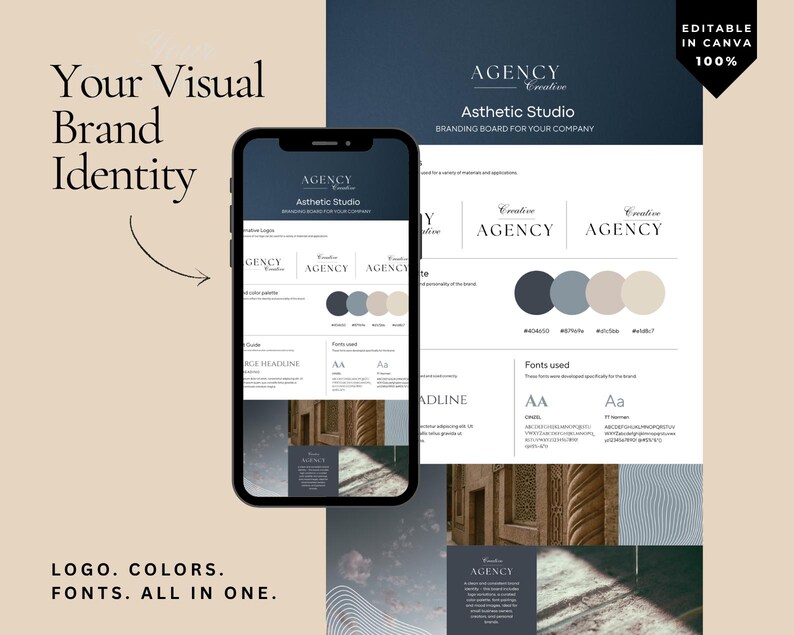 May include: A smartphone displays a branding board with the text "AGENCY Asthetic Studio". The board includes logo variations, a color palette, and font examples. The words "LOGO. COLORS. FONTS. ALL IN ONE." are at the bottom.