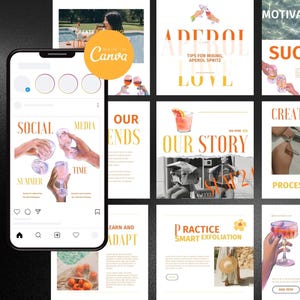 May include: A collage of nine Instagram story templates with a summer theme. The templates feature illustrations of cocktails, text about social media, and motivational quotes. The text includes "Our Story", "Social Media", "Summer Time", "Motivation", "Success", "Creativity", "Process", "Learn and Adapt", and "Practice Smart Exfoliation".