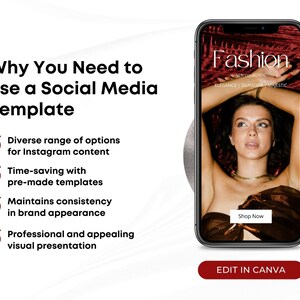 May include: A mockup of a mobile phone screen displaying a social media post for a fashion brand. The post features a woman wearing a gold necklace and a brown dress, with the text "Fashion" and "New Collection" in white. The post also includes the text "Elegance | Glamour | Majestic" and a "Shop Now" button.