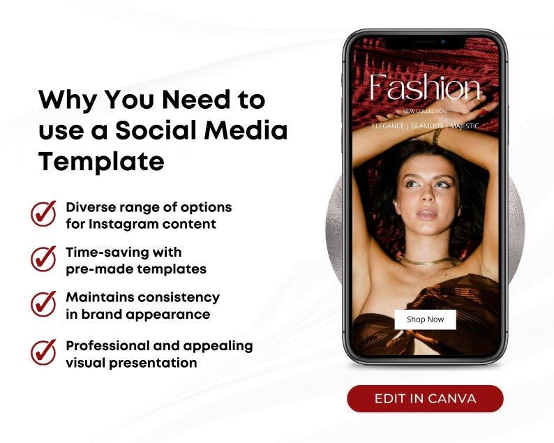 May include: A mockup of a mobile phone screen displaying a social media post for a fashion brand. The post features a woman wearing a gold necklace and a brown dress, with the text "Fashion" and "New Collection" in white. The post also includes the text "Elegance | Glamour | Majestic" and a "Shop Now" button.