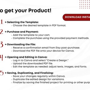 May include: A five-step guide on how to get your product. The steps are: Selecting the Template, Purchase and Payment, Downloading the File, Opening and Editing in Canva, and Saving, Duplicating, and Finalizing. The guide includes a button that says "Download Instantly".