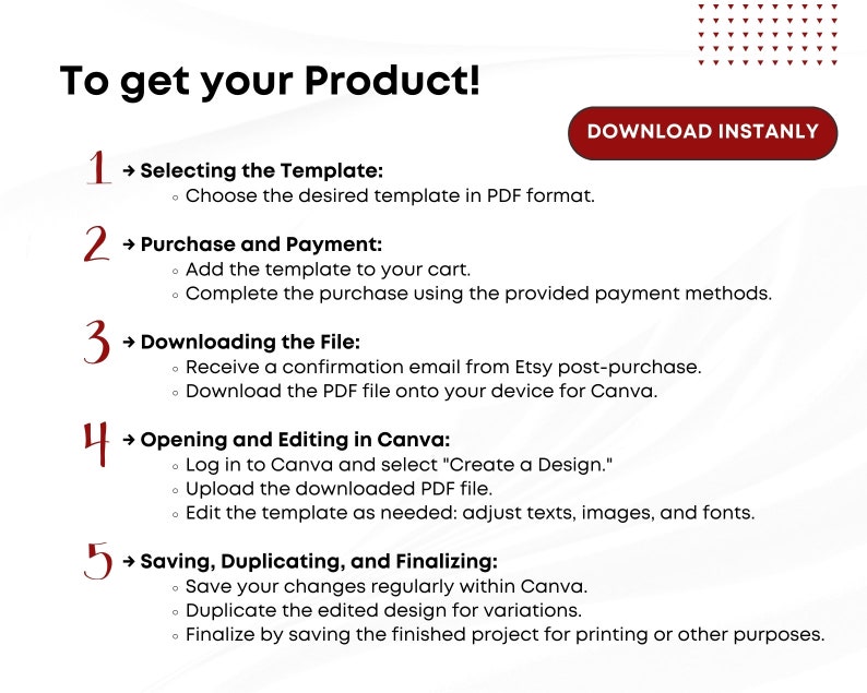 May include: A five-step guide on how to get your product. The steps are: Selecting the Template, Purchase and Payment, Downloading the File, Opening and Editing in Canva, and Saving, Duplicating, and Finalizing. The guide includes a button that says "Download Instantly".