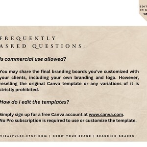 May include: A beige digital graphic with text that reads "FREQUENTLY ASKED QUESTIONS." The text answers questions about commercial use and editing templates. The Canva logo is visible. The bottom of the graphic includes the website address viralpulse.etsy.com.