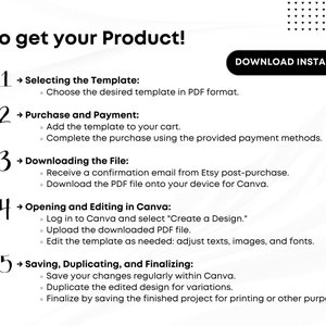 May include: A white and black infographic with the title "To get your Product!" and five numbered steps for downloading, editing, and saving a product template in Canva. The steps include selecting a template, purchasing and paying, downloading the file, opening and editing in Canva, and saving, duplicating, and finalizing.