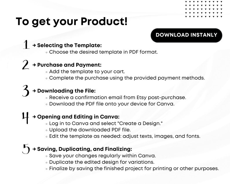 May include: A white and black infographic with the title "To get your Product!" and five numbered steps for downloading, editing, and saving a product template in Canva. The steps include selecting a template, purchasing and paying, downloading the file, opening and editing in Canva, and saving, duplicating, and finalizing.
