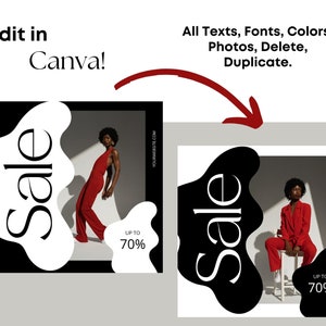 May include: A black and white graphic design with the word "Sale" in a stylized font. The graphic is set against a white background with a red-clad model standing in the background. The text "Up to 70%" is also included in the design.