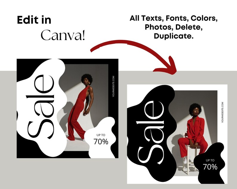 May include: A black and white graphic design with the word "Sale" in a stylized font. The graphic is set against a white background with a red-clad model standing in the background. The text "Up to 70%" is also included in the design.