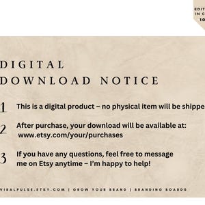 May include: A digital download notice on a beige background. The text reads "DIGITAL DOWNLOAD NOTICE" followed by three numbered points. The first states that it is a digital product. The second provides a link to download. The third encourages questions.