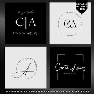 May include: Four different logo designs for a creative agency. The logos feature the letters "CA" in various styles, including a circle, a square, and a handwritten font. The text "Creative Agency" is also included in each design.