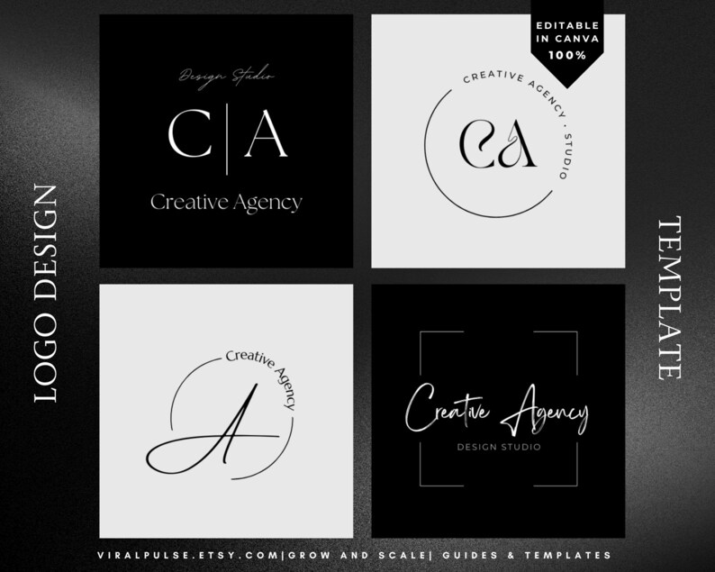 May include: Four different logo designs for a creative agency. The logos feature the letters "CA" in various styles, including a circle, a square, and a handwritten font. The text "Creative Agency" is also included in each design.