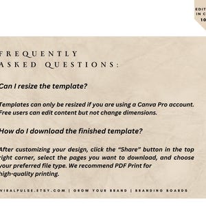 May include: A beige digital document with the text "FREQUENTLY ASKED QUESTIONS." The document answers questions about resizing and downloading templates. The document is editable in Canva.