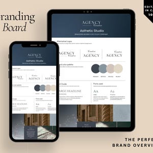 May include: A branding board displayed on a smartphone and tablet. The board features the "AGENCY" logo, color palette, font examples, and the text "Branding Board" and "The Perfect Brand Overview."