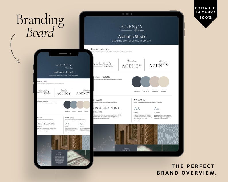 May include: A branding board displayed on a smartphone and tablet. The board features the "AGENCY" logo, color palette, font examples, and the text "Branding Board" and "The Perfect Brand Overview."