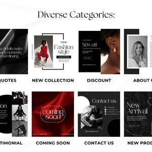 May include: A collage of nine black and white images showcasing different types of social media posts for a fashion brand. The images include quotes, new collections, discounts, about us, testimonials, coming soon, contact us, and new products.