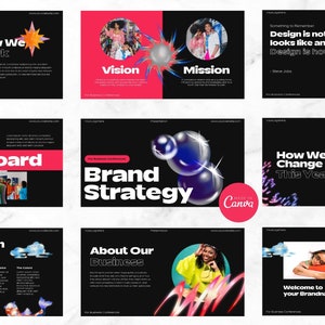 May include: A presentation slide deck with a black background and colorful graphics. The slides feature text about brand strategy, vision, mission, and how to change this year. The text "Design is not just what looks like and feels like. Design is how it works." is featured on one slide. The text "Made in Canva" is featured on another slide.