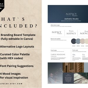 May include: A branding board template with the text "WHAT'S INCLUDED?" and a list of features: Branding Board Template, Alternative Logo Layouts, Curated Color Palette, Font Pairing Suggestions, and 4 Mood Images. The design is in shades of blue, beige, and white.
