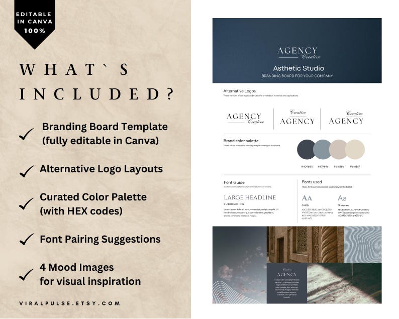 May include: A branding board template with the text "WHAT'S INCLUDED?" and a list of features: Branding Board Template, Alternative Logo Layouts, Curated Color Palette, Font Pairing Suggestions, and 4 Mood Images. The design is in shades of blue, beige, and white.