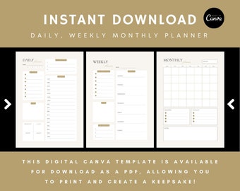 Täglicher, wöchentlicher und monatlicher Planer im DIN-A4-Format | To-do-Liste anpassbar, mit Canva | Sofortiger Download für Organisation.