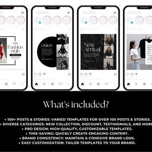 May include: Four Instagram post templates for a fashion brand. The templates feature a black and white color scheme with a modern design. The text on the templates includes "new fashion style", "vision", "new arrival", and a quote about fashion.