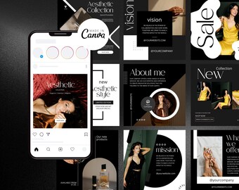 Peut inclure: Une collection de modèles d'histoires Instagram avec un schéma de couleurs noir et blanc. Les modèles présentent du texte tel que "Collection esthétique", "Nouveau style esthétique", "À propos de moi", "Mission", "Solde", "Nouveau" et "Ce que nous offrons".