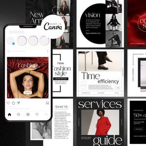 May include: A collage of nine Instagram-style squares featuring a fashion brand's social media content. The squares include images of clothing, models, and text about the brand's vision, services, and a giveaway. The text "Made in Canva" appears in the top right corner.