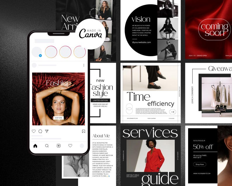 May include: A collage of nine Instagram-style squares featuring a fashion brand's social media content. The squares include images of clothing, models, and text about the brand's vision, services, and a giveaway. The text "Made in Canva" appears in the top right corner.