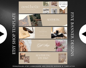 Editable Etsy Shop Banner Template in Beige and White | Canva Template DIY Banner Template | Large Banner Design Small Business Kit