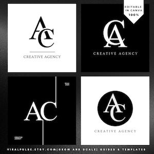 Può includere: Una collezione di quattro design di logo in bianco e nero. Ogni design presenta le lettere "AC" in varie composizioni, con le parole "CREATIVE AGENCY" sottostanti. Un design include il testo "EDITABLE IN CANVA 100%."