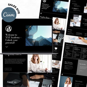 May include: A laptop screen displaying a website for XYZ Academy, a sales training program. The website features a black and white design with a photo of a city skyline. The text "Welcome to XYZ Academy - Unlock your potential!" is displayed on the screen. The website also includes a section about the program's founder, Sophia Rose.