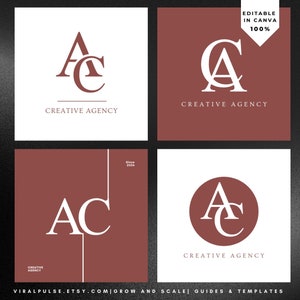 Puede incluir: Una colección de plantillas de diseño de logotipos con las letras "AC" en varios estilos. Los diseños son en blanco y un color marrón rojizo apagado, con las palabras "Creative Agency" debajo. También está presente el texto "Editable in Canva 100%".