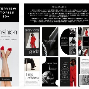 May include: A collage of images showcasing the benefits of using Instagram Stories for business. The images feature a fashion collection, a services guide, a time efficiency chart, a vision statement, a contact us section, a 3 content pillars chart, and an about me section. The text "Overview Stories 30+" is at the top of the collage.