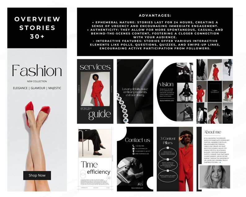 May include: A collage of images showcasing the benefits of using Instagram Stories for business. The images feature a fashion collection, a services guide, a time efficiency chart, a vision statement, a contact us section, a 3 content pillars chart, and an about me section. The text "Overview Stories 30+" is at the top of the collage.