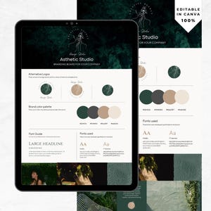 Branding Board Template Canva | Olive Green and Natural Beige Brand Kit | Logos, Fonts, HEX Codes & Mood Images | Instant Download