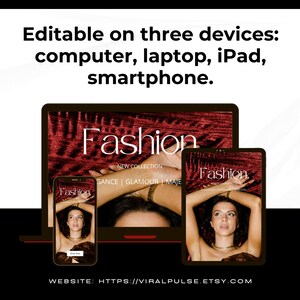 May include: Mockup of a website design for a fashion brand called "Fashion" displayed on a computer, tablet, and smartphone. The website features a new collection of clothing and accessories. The website address is "https://viralpulse.etsy.com".