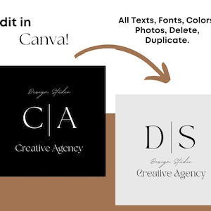 May include: Two black and white logo designs for a creative agency. The first logo is on a black background and features the letters "CA" with a vertical line separating the letters. The second logo is on a white background and features the letters "DS" with a vertical line separating the letters. Both logos include the text "Design Studio" and "Creative Agency".