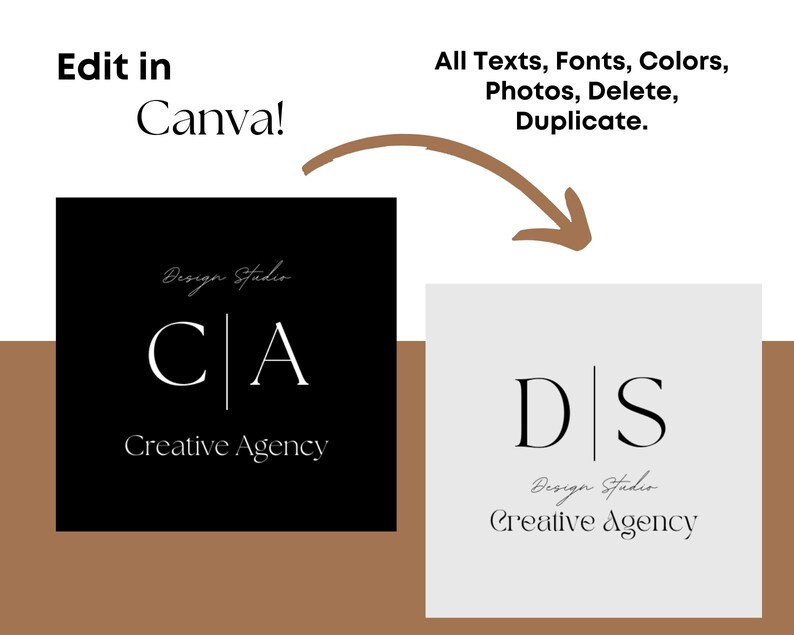 May include: Two black and white logo designs for a creative agency. The first logo is on a black background and features the letters "CA" with a vertical line separating the letters. The second logo is on a white background and features the letters "DS" with a vertical line separating the letters. Both logos include the text "Design Studio" and "Creative Agency".