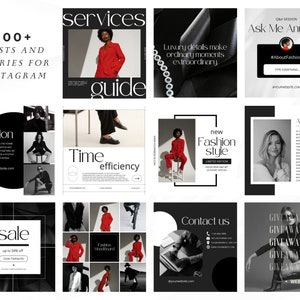 May include: A collage of images promoting a fashion brand on Instagram. The images feature models wearing stylish clothing, text overlays with phrases like "services guide", "new fashion style", and "time efficiency", and a call to action for a giveaway.