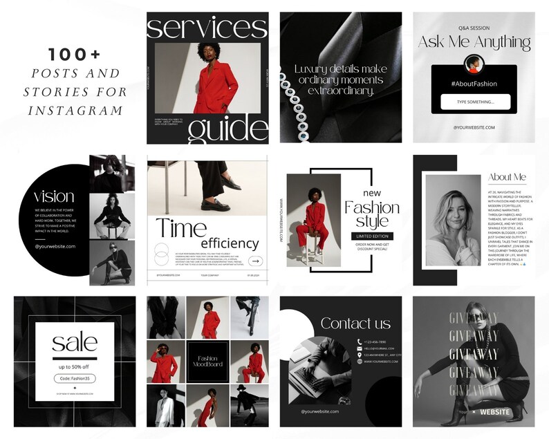 May include: A collage of images promoting a fashion brand on Instagram. The images feature models wearing stylish clothing, text overlays with phrases like "services guide", "new fashion style", and "time efficiency", and a call to action for a giveaway.
