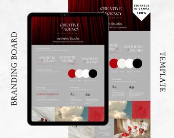 Elegant Canva Branding Board Template | Red, Black & Cream Brand Identity Kit | Fonts, Logos, Mood Images | Timeless Design