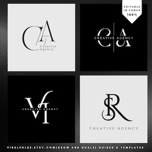 Könnte beinhalten: Vier Logo-Design-Vorlagen in Schwarz und Weiß. Jedes Design zeigt stilisierte Initialen und die Worte "Creative Agency". In der oberen rechten Ecke steht der Text "Editable in Canva 100%". Am unteren Bildrand ist eine Website-Adresse zu sehen.