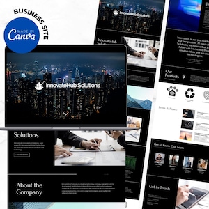 Könnte beinhalten: Eine Website-Homepage für InnovateHub Solutions, ein Unternehmen, das Technologielösungen anbietet. Die Website verfügt über ein Schwarzweiß-Design mit einem Stadtbild im Hintergrund. Die Website enthält Abschnitte für Lösungen, über das Unternehmen, Produkte, Presse und Neuigkeiten, lernen Sie unser Team kennen und kontaktieren Sie uns.