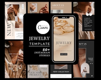 Pode incluir: Imagem promocional para modelos de joias, com um smartphone exibindo anéis de ouro e o texto "JEWELRY NEW COLLECTION". As imagens ao redor mostram joias e o texto "NEW COLLECTION" e "OUR NEW PRODUCT".
