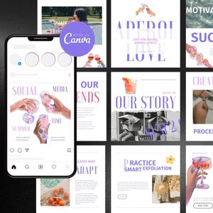 May include: A collage of nine Instagram story templates with a summer theme. The templates feature images of cocktails, people, and text. The text includes phrases like "Our Story", "Social Media", "Summer Time", "Motivation", "Success", "Creative", "Process", "Learn and Adapt", and "Practice Smart Exfoliation".