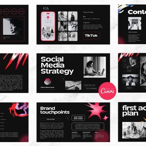 Könnte beinhalten: Ein Präsentations-Slide-Deck mit schwarzem Hintergrund und rosa Akzenten. Die Folien enthalten Text über Social-Media-Strategie, Marken-Touchpoints und einen ersten Aktionsplan. Die Folien enthalten auch Bilder von Personen und verschiedene grafische Elemente.