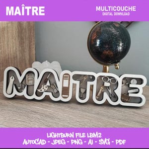 May include: A wooden sign spelling "MAÎTRE" with white letters and black outlines. The letters are filled with small objects like a paintbrush and scissors. A globe sits behind the sign. The sign is on a wooden surface.