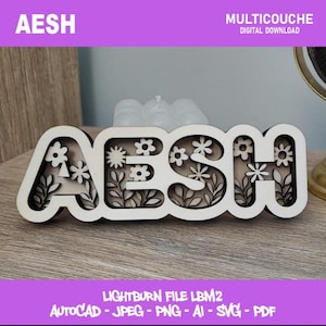 Peut inclure: Une enseigne en bois superposé affichant les lettres AESH dans une police grasse et arrondie. L'intérieur de chaque lettre présente des découpes complexes de petites fleurs et de tiges feuillues, créant un effet multidimensionnel.