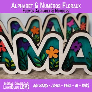 Peut inclure: Lettres en bois épelant "MAMA" avec un fond turquoise et des motifs de fleurs colorées. Les lettres sont soulignées en blanc et ont un thème floral. L'image comprend également le texte "ALPHABET & NUMÉROS FLORAUX" et "FLOWER ALPHABET & NUMBERS".