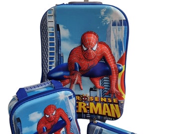 Kids 3 Piece Trolley Wheels Bag Spiderman Action Figure Boys School Nursery Books Pencil Case Lunch Box Bag Zip Mesh Compartments Pockets 3D