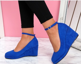 Womens Wedge Pumps Ankle Strap Round Toe High Heels Platform Party Shoes Size Uk 3 to Uk 8