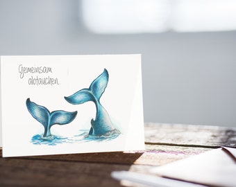 Postcard whale hand-drawn - Diving together greeting card folding card with envelope